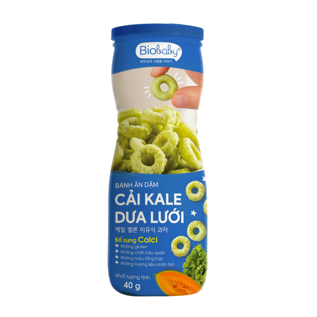 Bánh Ăn Dặm Biobaby Vị Cải Kale & Dưa Lưới 40g – Bổ Sung Canxi, Không Gluten, Giòn Tan, An Toàn Cho Bé 6 Tháng+