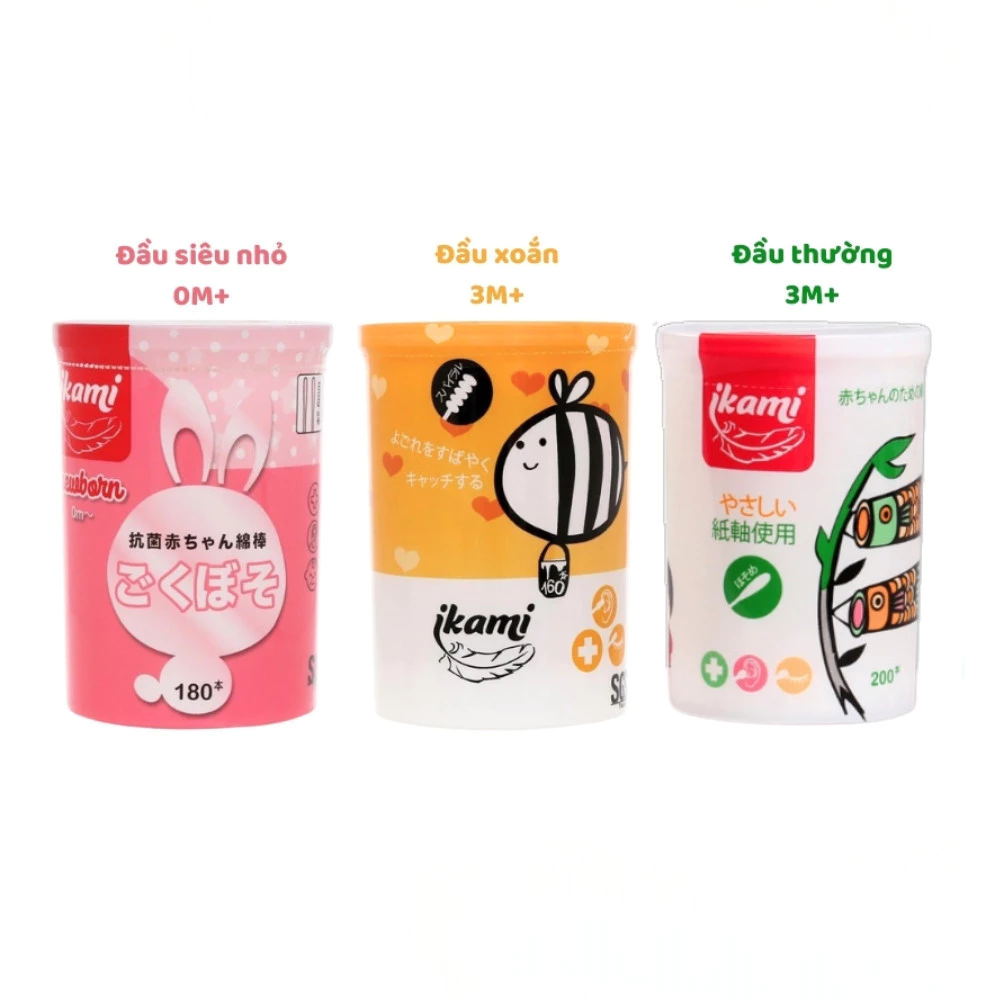 Tăm Bông Ikami Cho Bé – Đầu Siêu Nhỏ 0M+ / Đầu Xoắn 3M+ / Đầu Thường 3M+ – Chính Hãng Nhật Bản