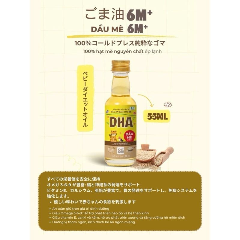 Dầu Mè Ép Lạnh DHA Cho Bé Từ 6 Tháng – Giàu Omega 3-6-9, Vitamin E, Hỗ Trợ Phát Triển Não Bộ & Xương Khỏe