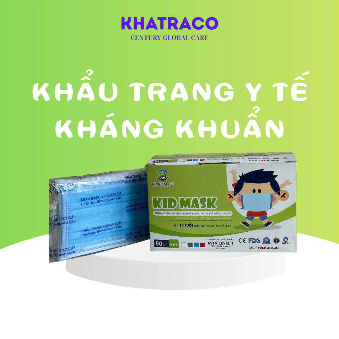 Khẩu Trang Y Tế Trẻ Em KHATRACO KID MASK – 4 Lớp Kháng Khuẩn, Ngăn Bụi, Dễ Thở, Dịu Nhẹ Cho Da Bé (Hộp Xanh Lá 50 Cái)